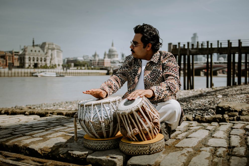 Manmohan Dogra with his tabla across London
